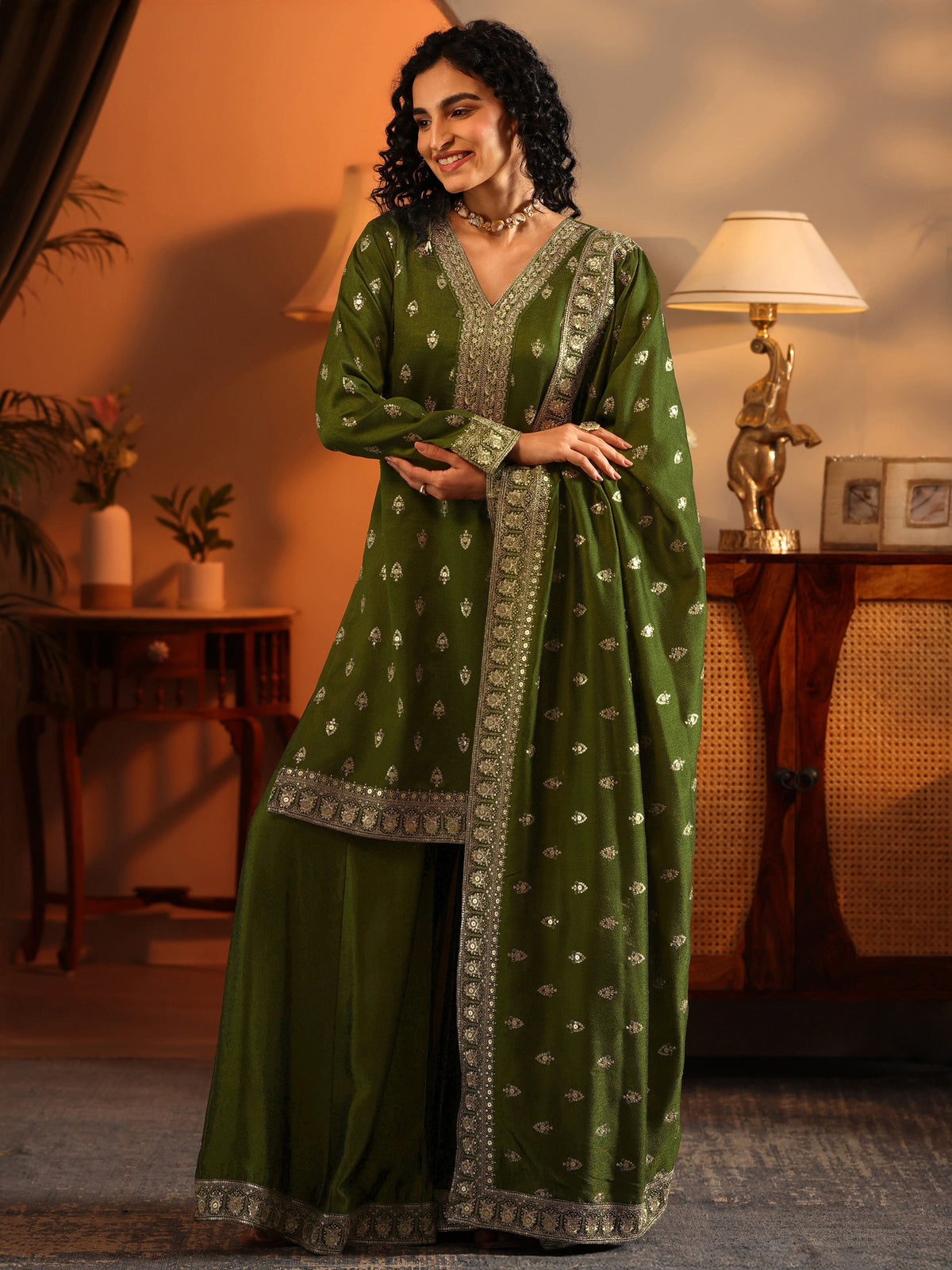 Anouk Ira Olive Embroidered Silk Blend Straight Suit Set With Dupatta