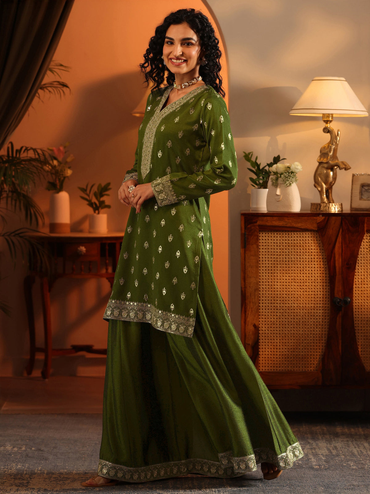 Anouk Ira Olive Embroidered Silk Blend Straight Suit Set With Dupatta
