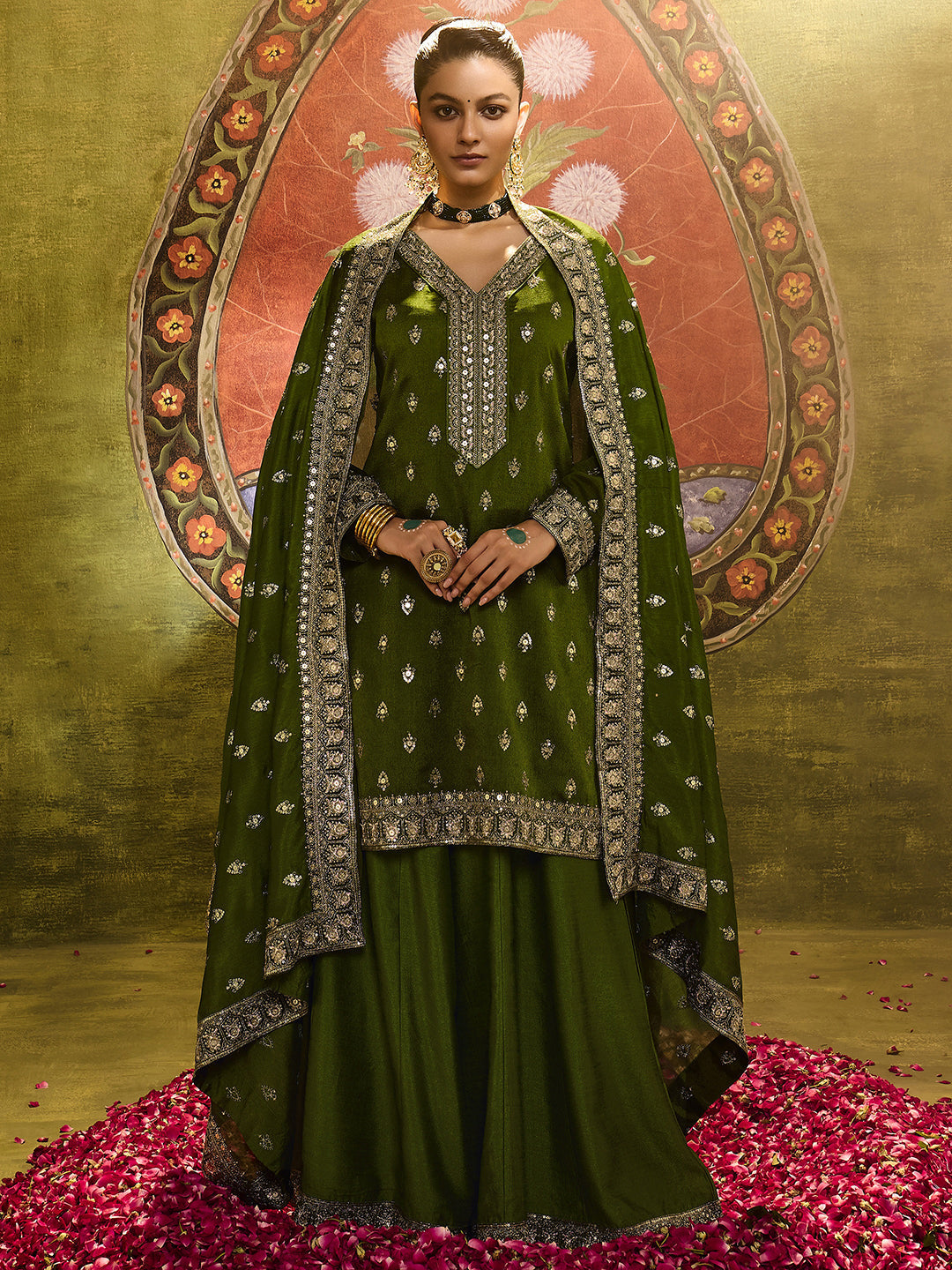 Anouk Ira Olive Embroidered Silk Blend Straight Suit Set With Dupatta