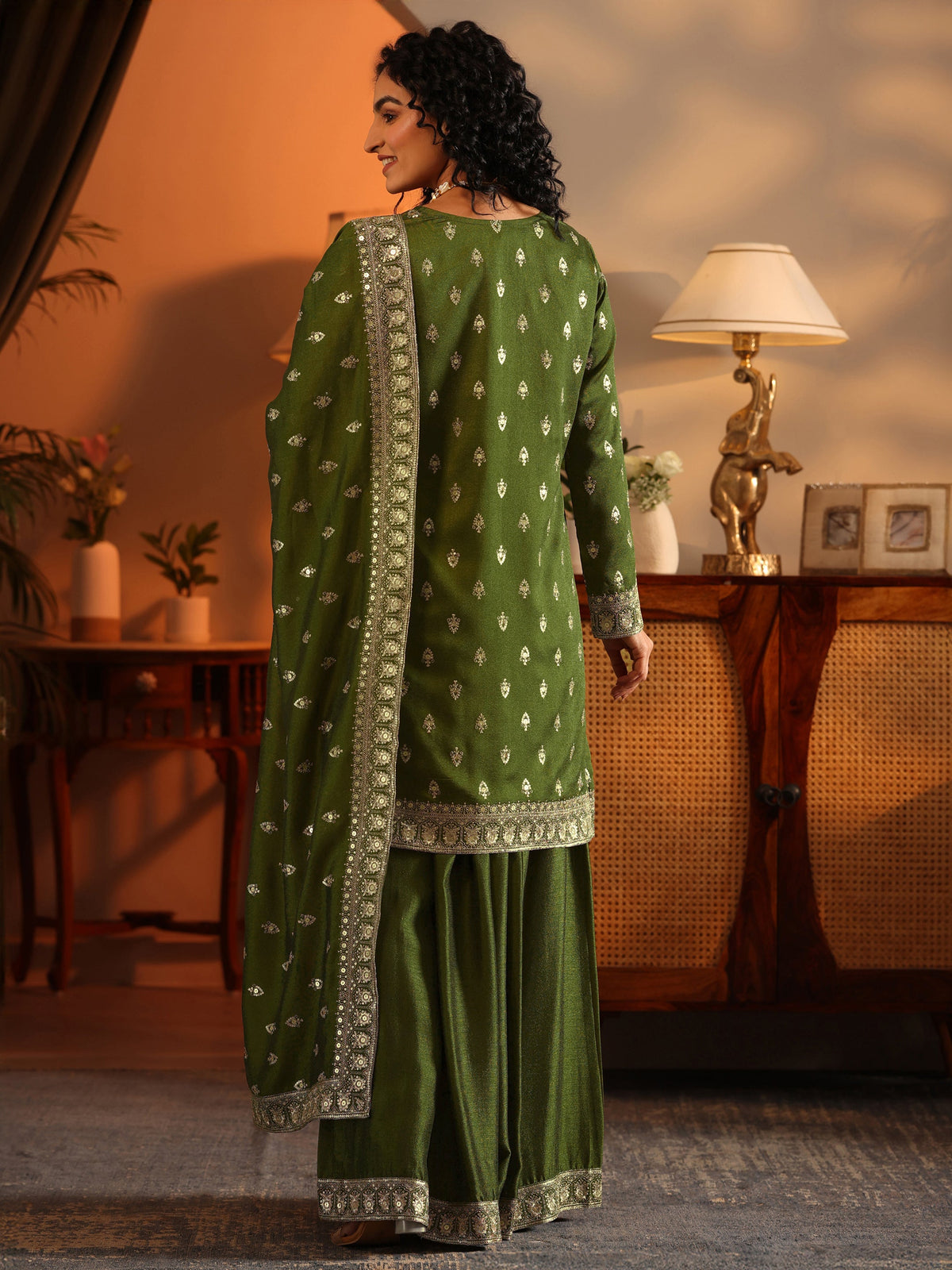 Anouk Ira Olive Embroidered Silk Blend Straight Suit Set With Dupatta