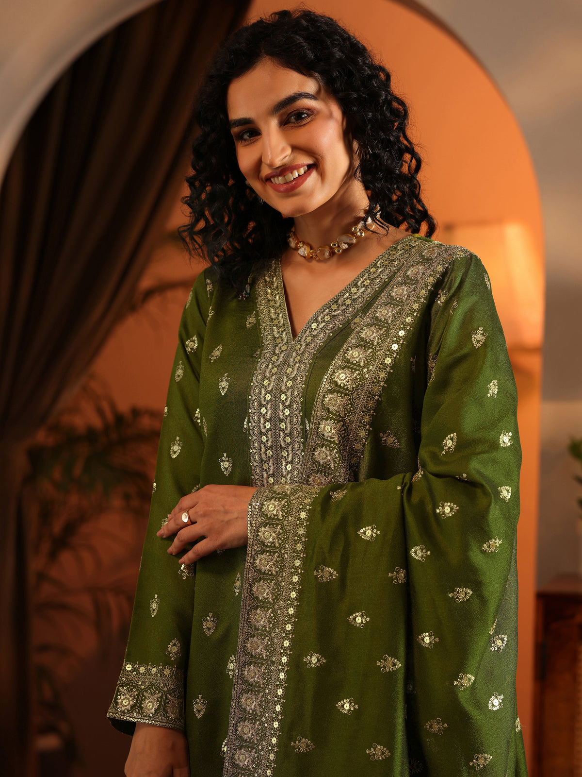 Anouk Ira Olive Embroidered Silk Blend Straight Suit Set With Dupatta