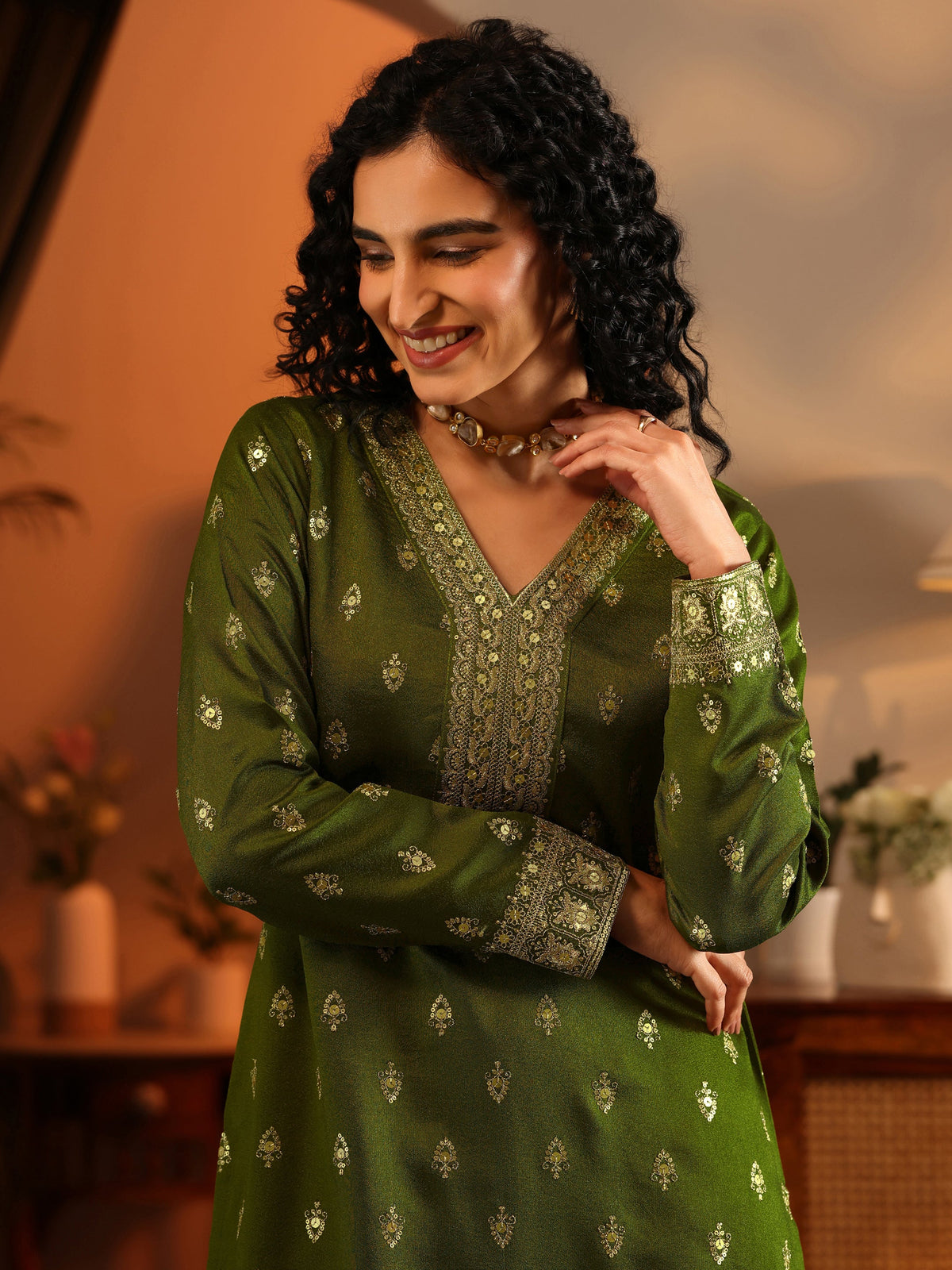 Anouk Ira Olive Embroidered Silk Blend Straight Suit Set With Dupatta