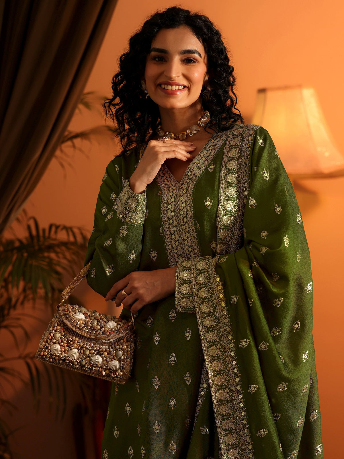 Anouk Ira Olive Embroidered Silk Blend Straight Suit Set With Dupatta