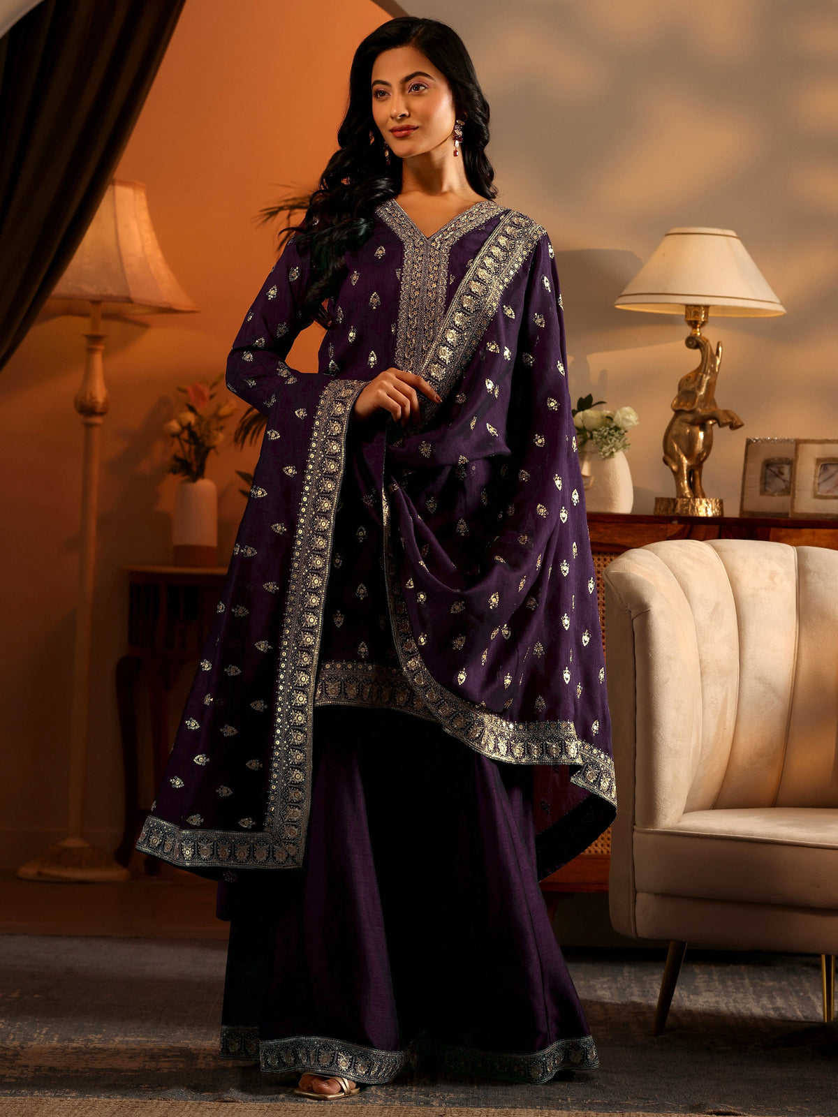 Anouk Purple Embroidered Silk Blend Straight Suit Set With Dupatta
