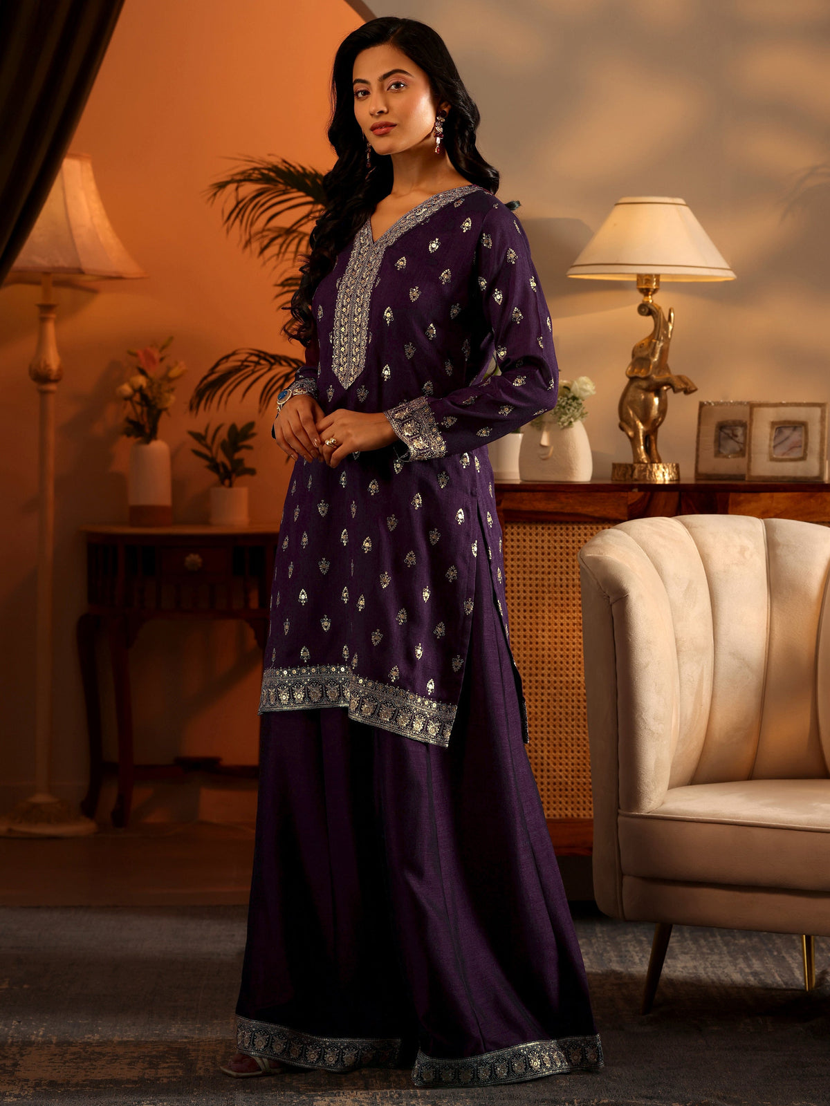 Anouk Purple Embroidered Silk Blend Straight Suit Set With Dupatta