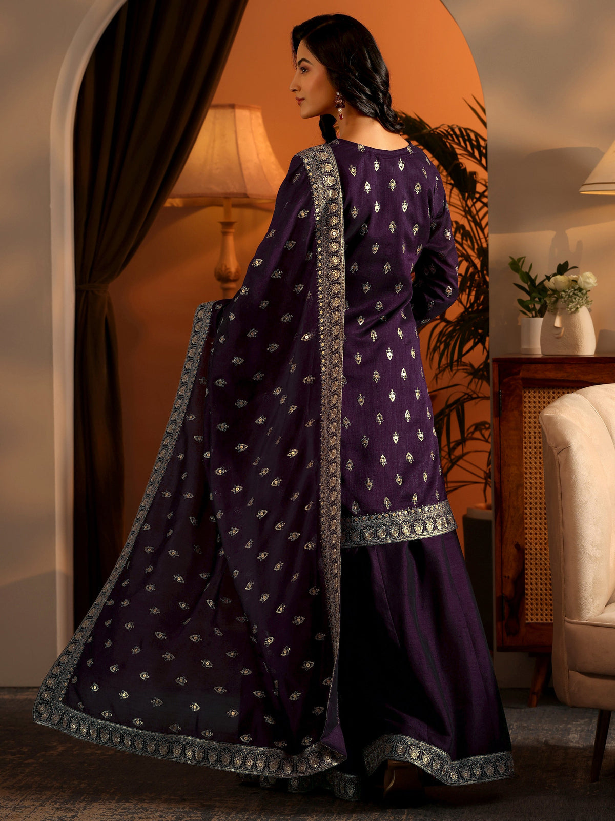 Anouk Purple Embroidered Silk Blend Straight Suit Set With Dupatta