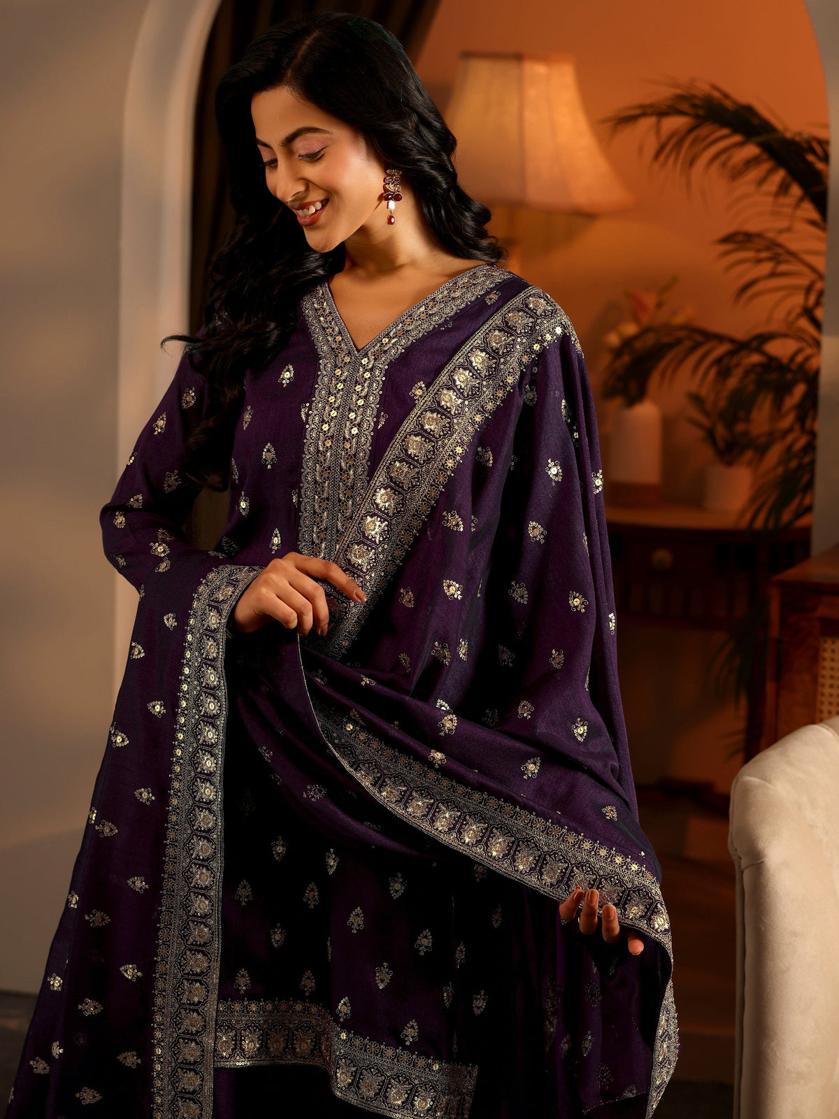 Anouk Purple Embroidered Silk Blend Straight Suit Set With Dupatta