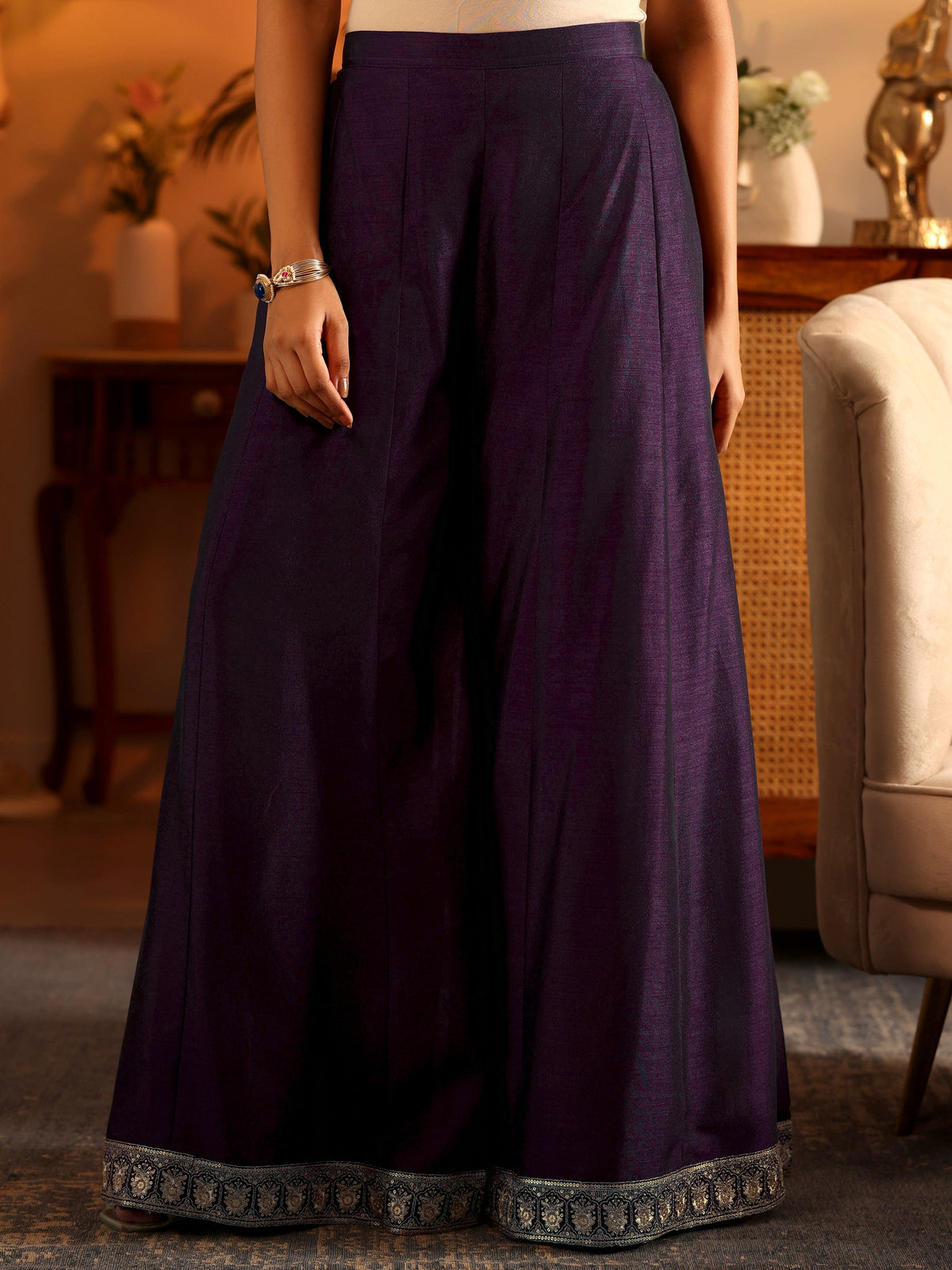 Anouk Purple Embroidered Silk Blend Straight Suit Set With Dupatta