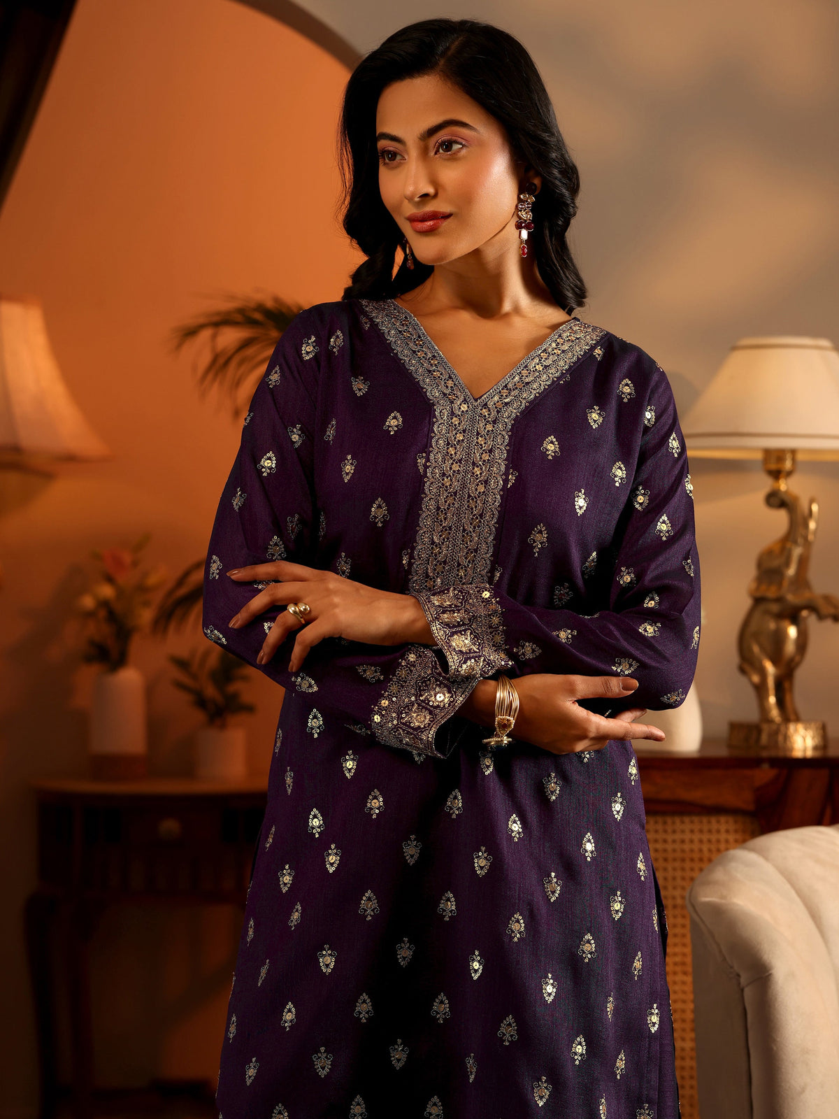 Anouk Purple Embroidered Silk Blend Straight Suit Set With Dupatta