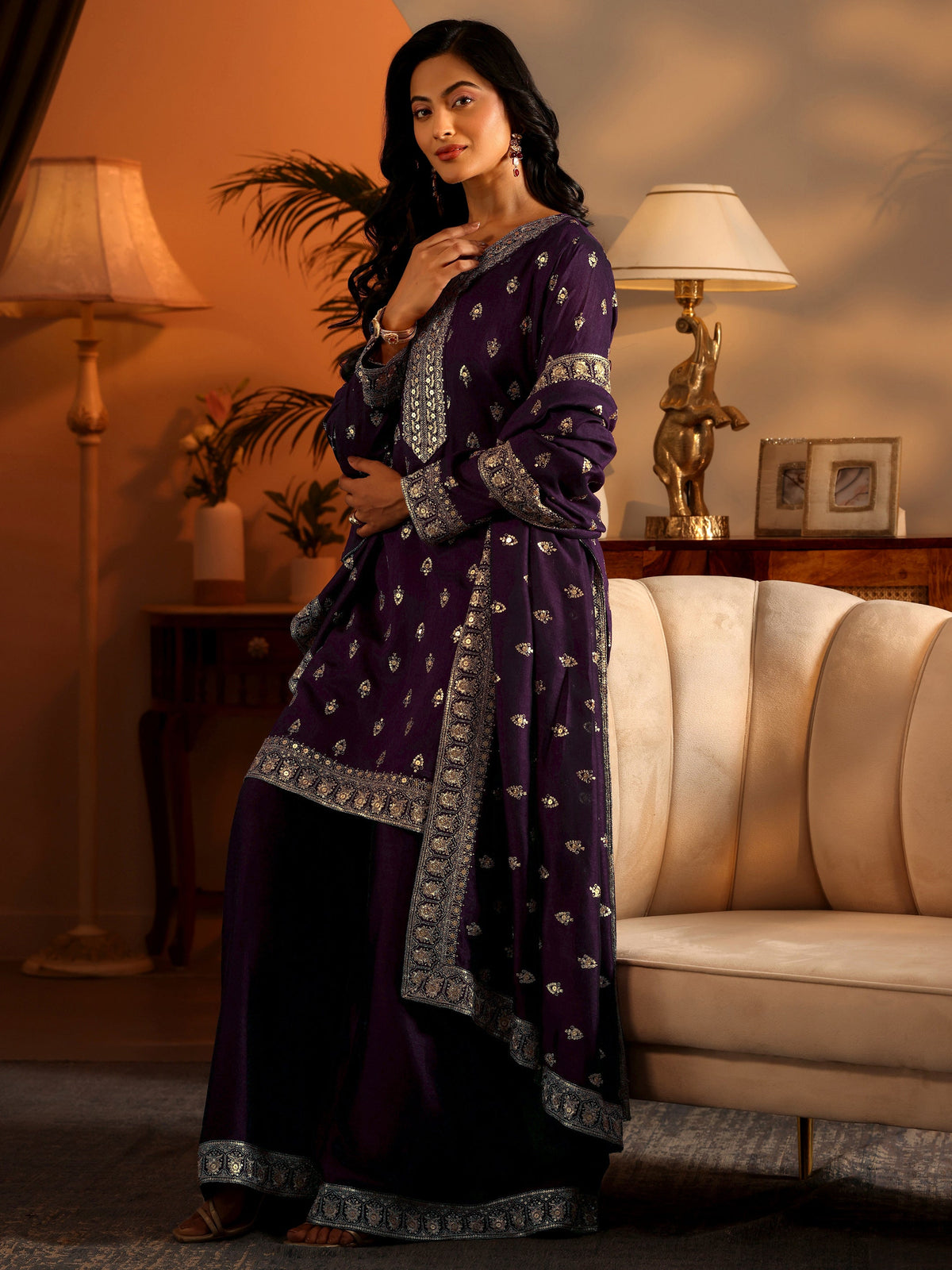 Anouk Purple Embroidered Silk Blend Straight Suit Set With Dupatta