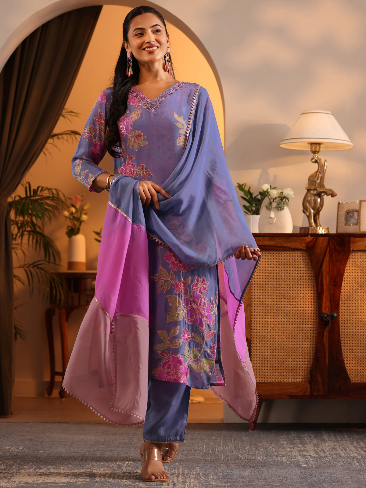 Anouk Lavender Embellished Crepe Straight Suit Set With Dupatta