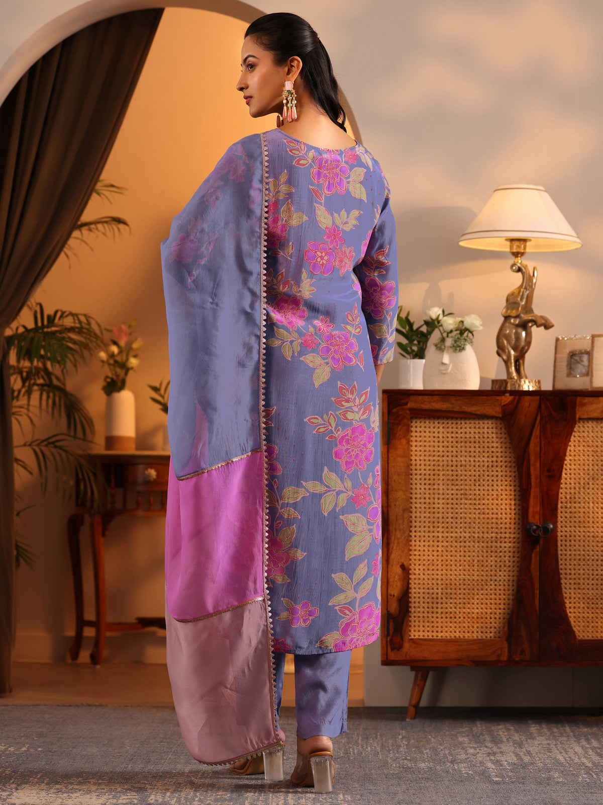 Anouk Lavender Embellished Crepe Straight Suit Set With Dupatta