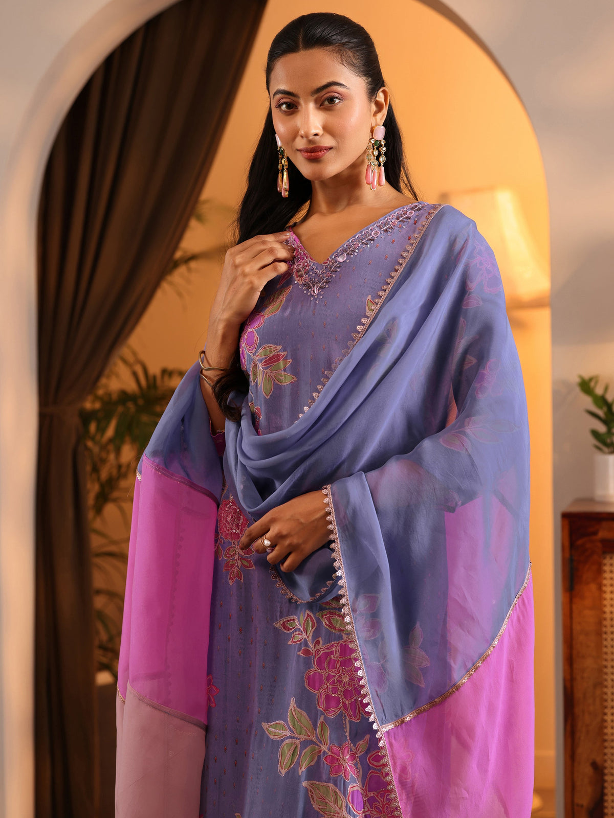 Anouk Lavender Embellished Crepe Straight Suit Set With Dupatta