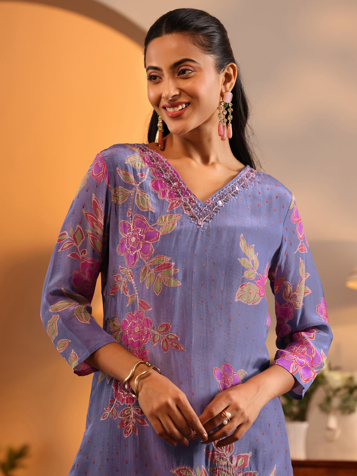 Anouk Lavender Embellished Crepe Straight Suit Set With Dupatta