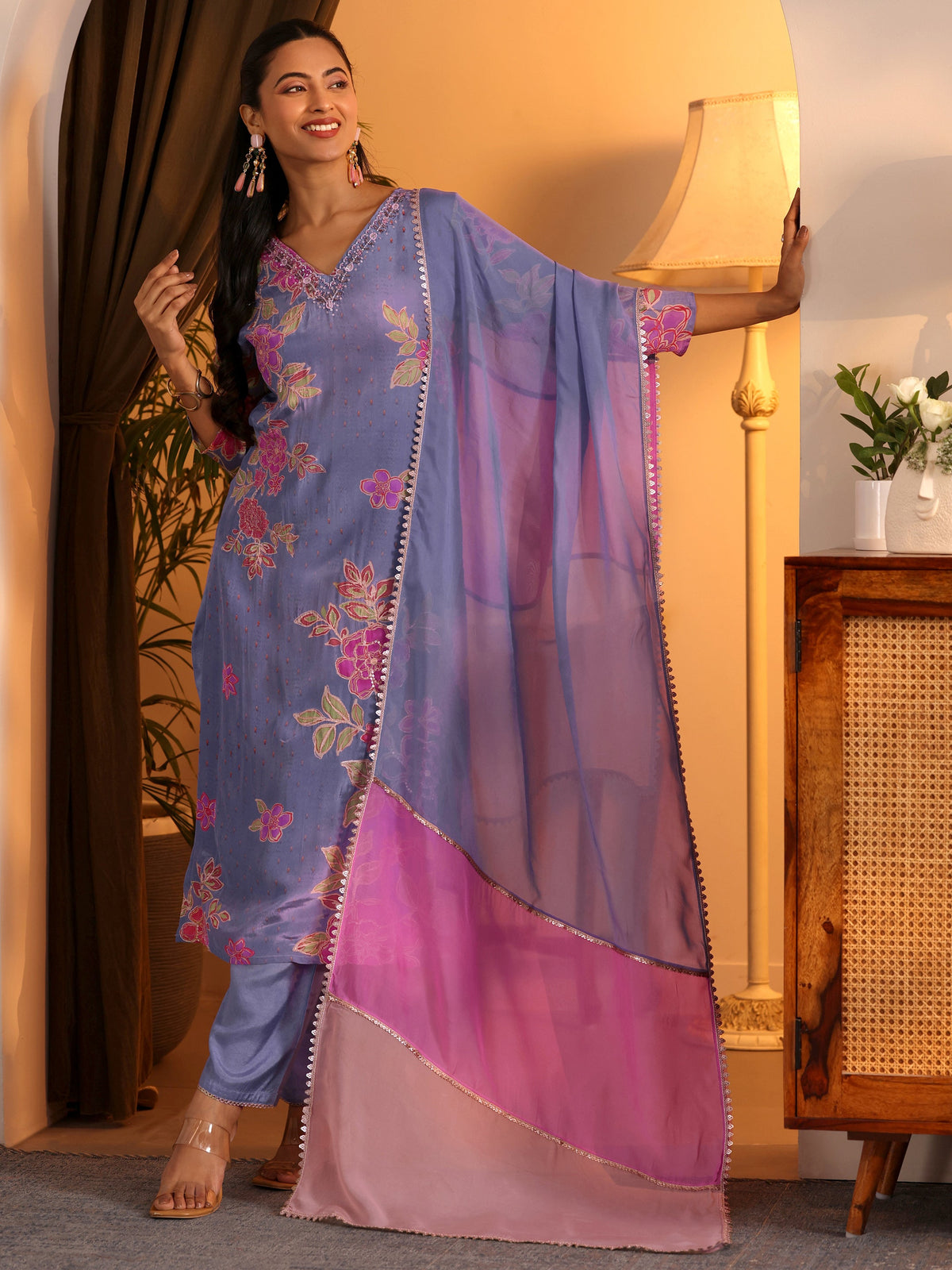 Anouk Lavender Embellished Crepe Straight Suit Set With Dupatta