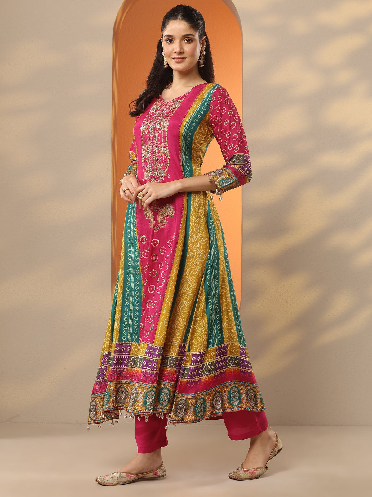 Anouk Multi Bandhani Printed A-Line Suit Set With Dupatta