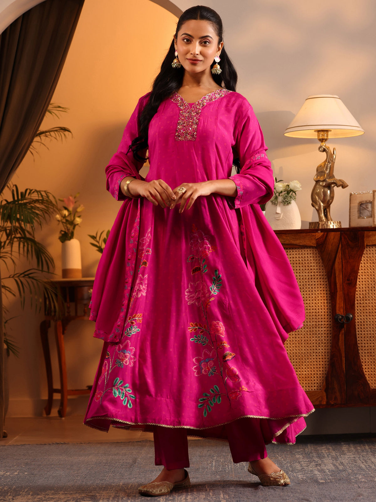 Anouk Pink Printed Muslin Anarkali Suit Set With Dupatta