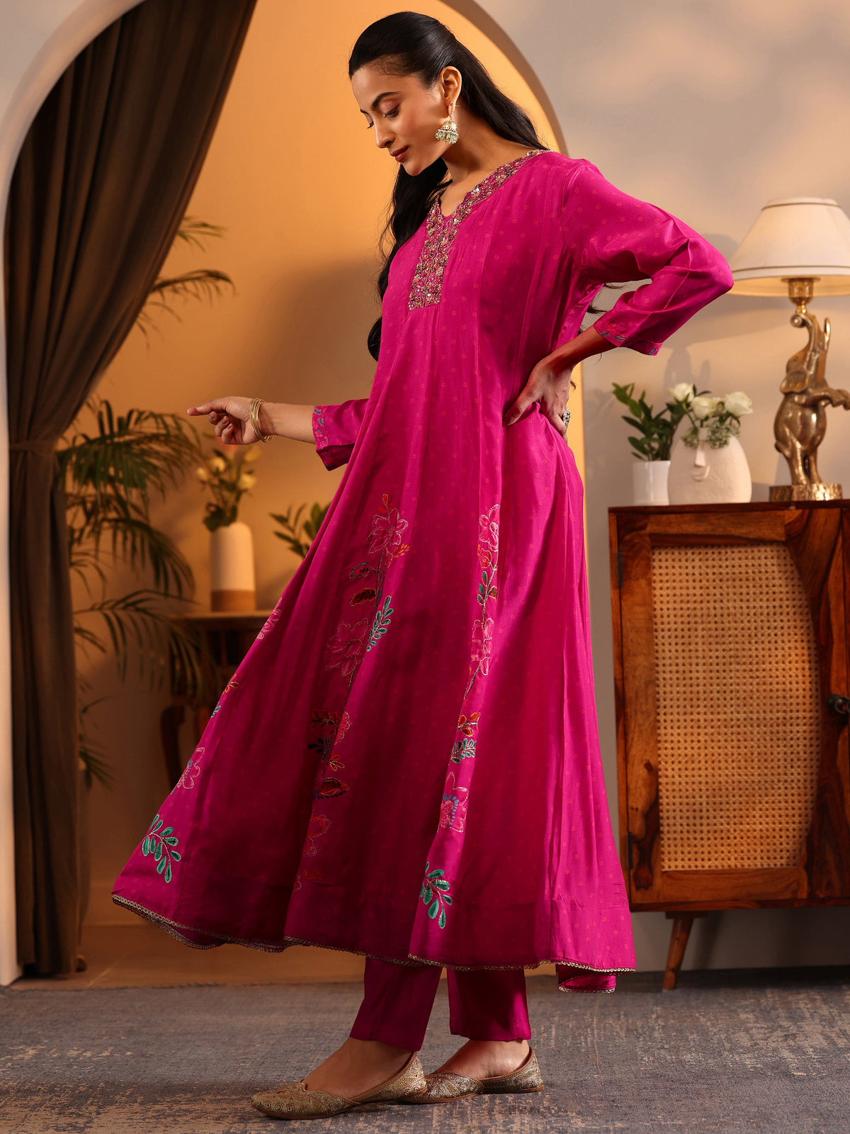 Anouk Pink Printed Muslin Anarkali Suit Set With Dupatta