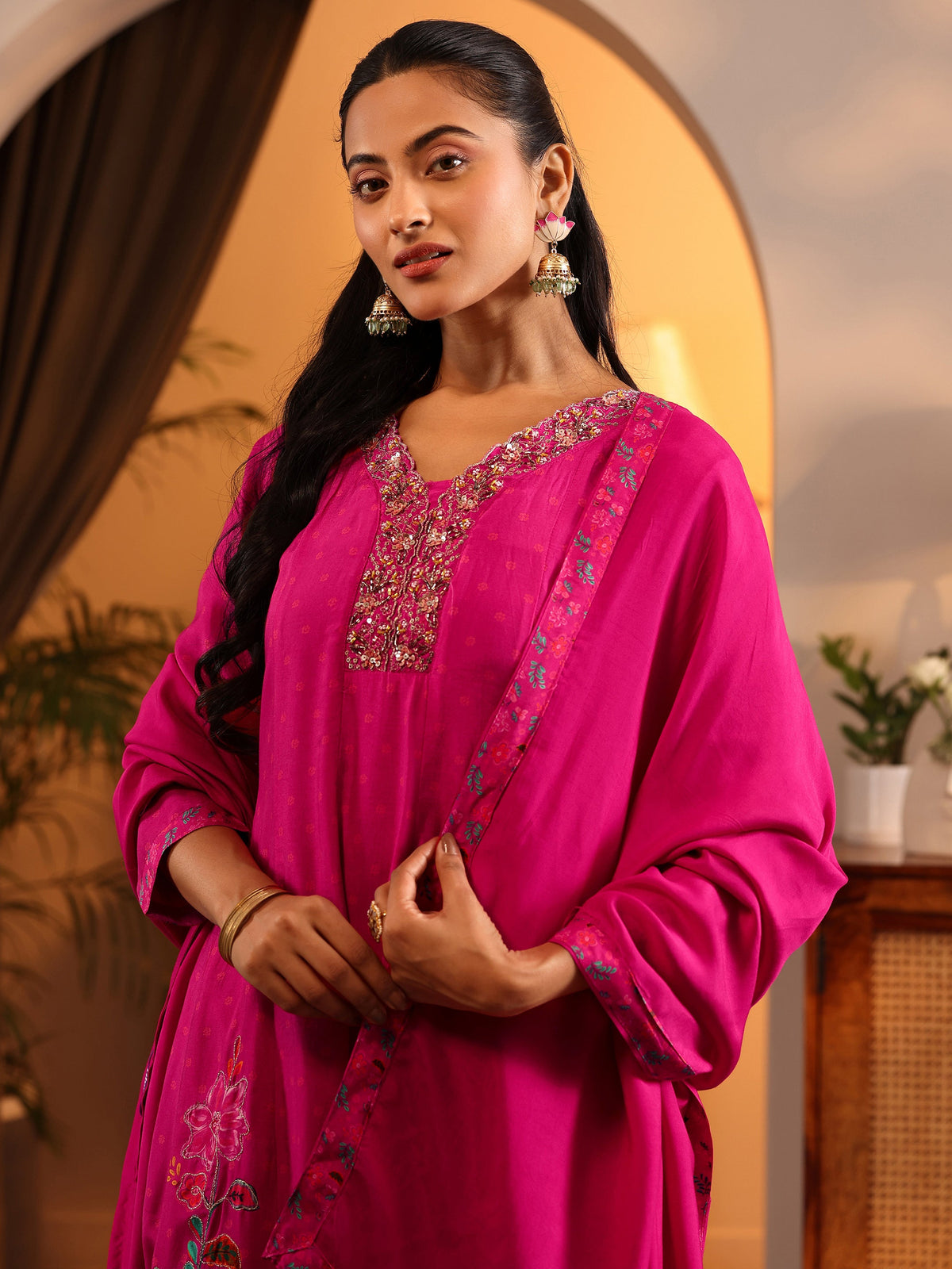 Anouk Pink Printed Muslin Anarkali Suit Set With Dupatta