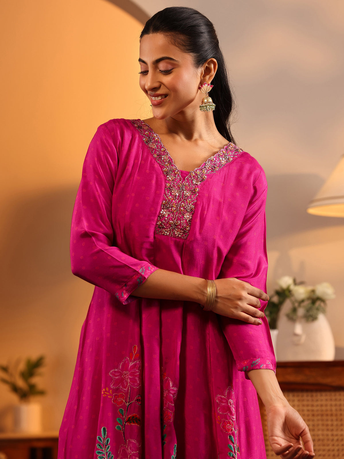 Anouk Pink Printed Muslin Anarkali Suit Set With Dupatta