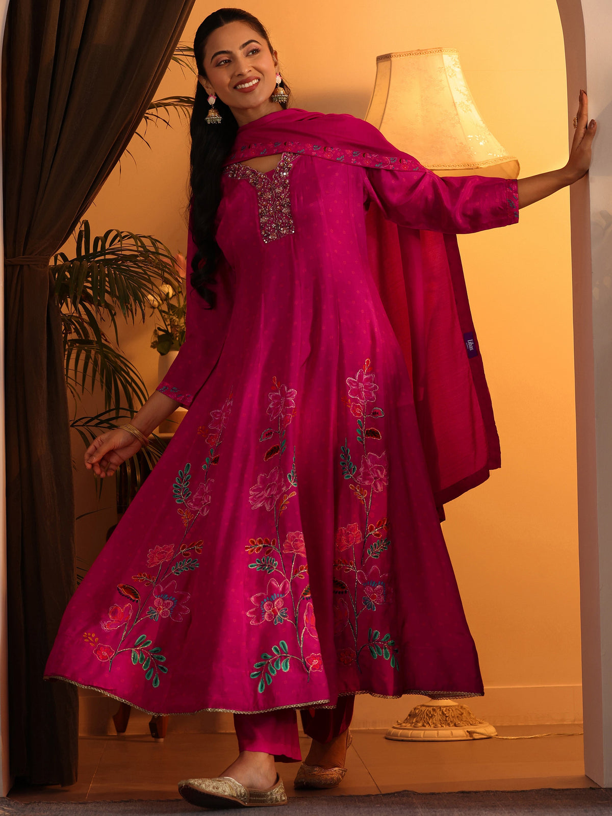 Anouk Pink Printed Muslin Anarkali Suit Set With Dupatta