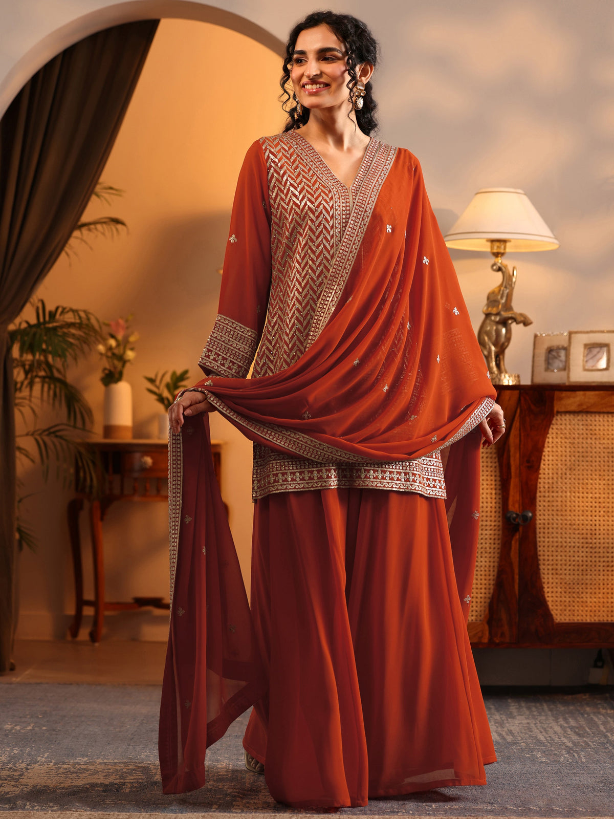 Anouk Orange Embroidered Georgette Straight Suit Set With Dupatta