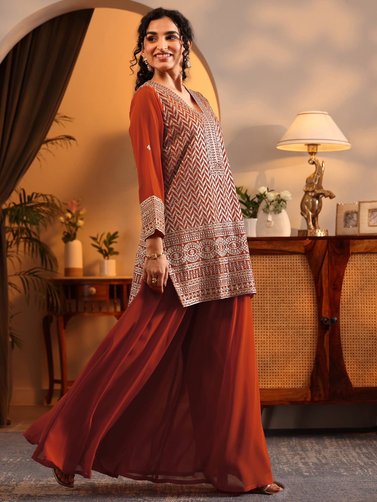 Anouk Orange Embroidered Georgette Straight Suit Set With Dupatta