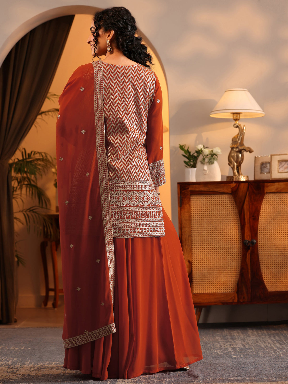Anouk Orange Embroidered Georgette Straight Suit Set With Dupatta