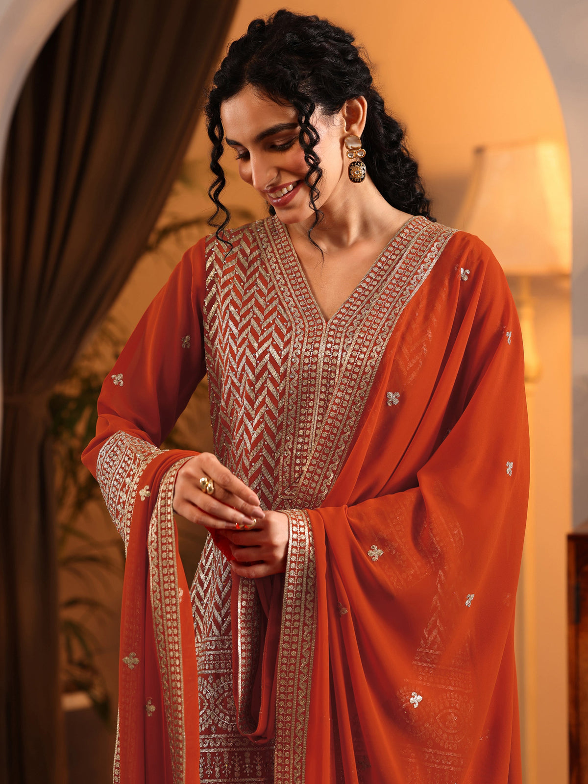 Anouk Orange Embroidered Georgette Straight Suit Set With Dupatta