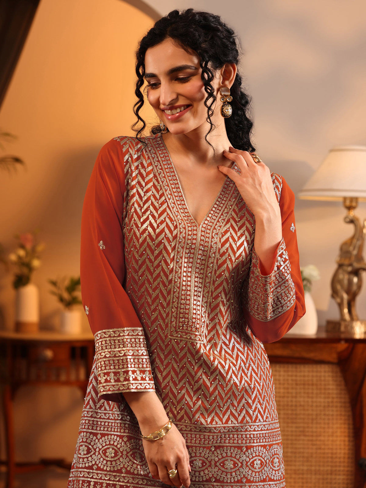 Anouk Orange Embroidered Georgette Straight Suit Set With Dupatta