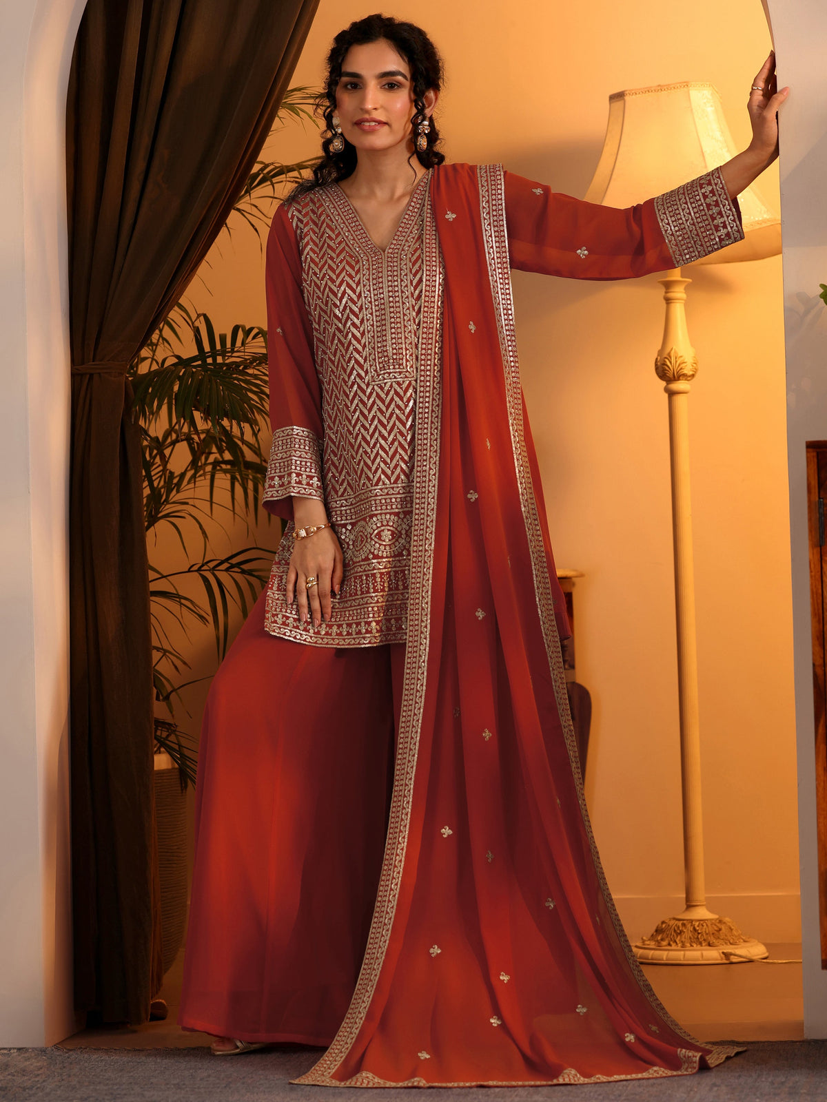 Anouk Orange Embroidered Georgette Straight Suit Set With Dupatta