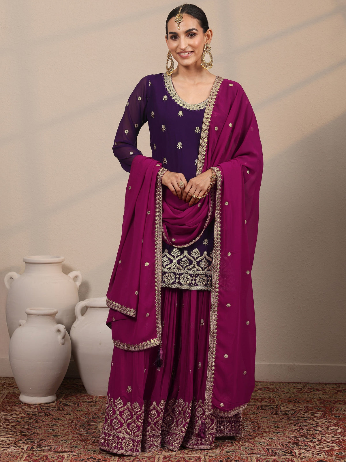 Anouk Art Purple Embroidered Georgette Straight Suit Set With Dupatta