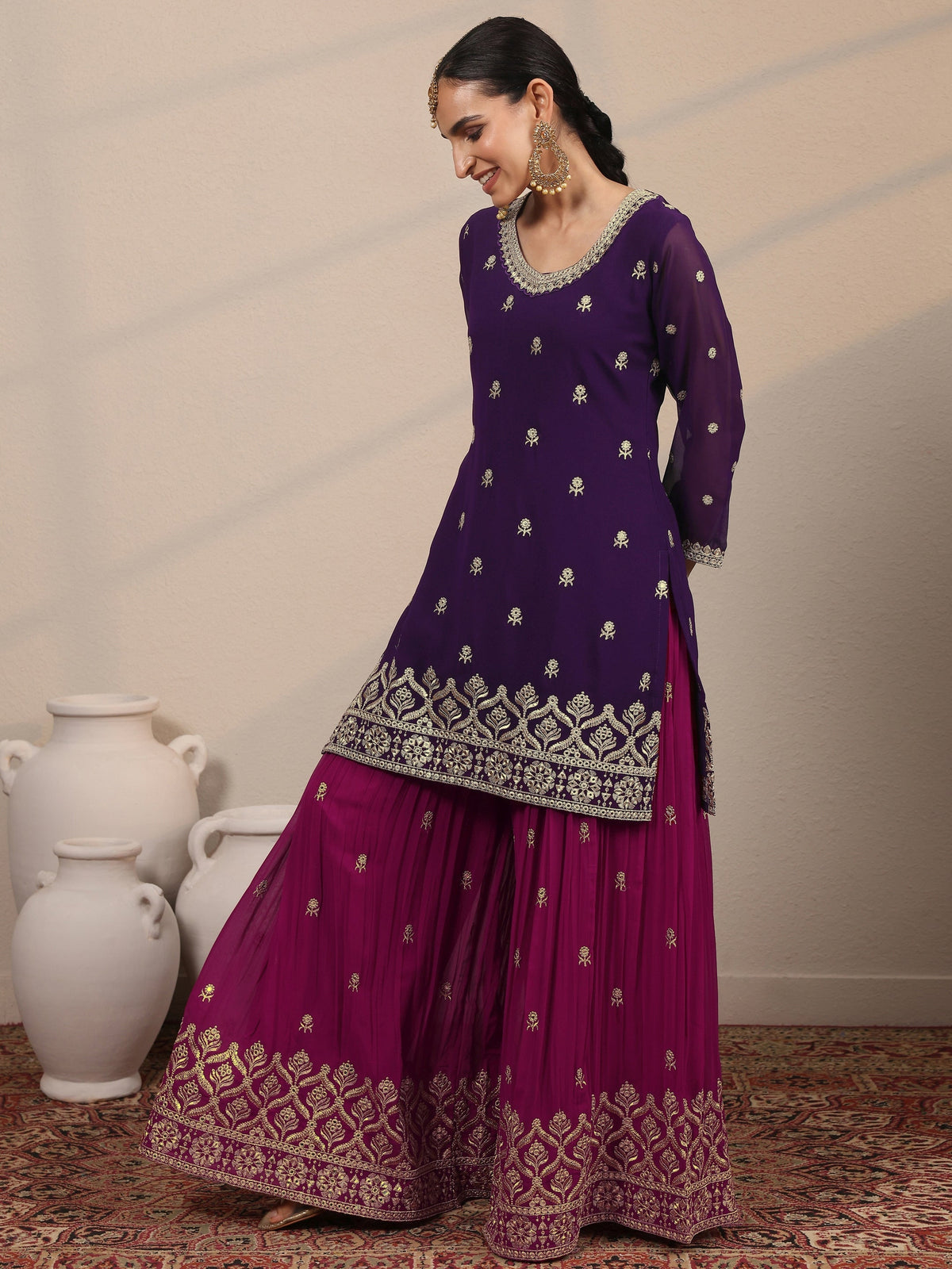 Anouk Art Purple Embroidered Georgette Straight Suit Set With Dupatta