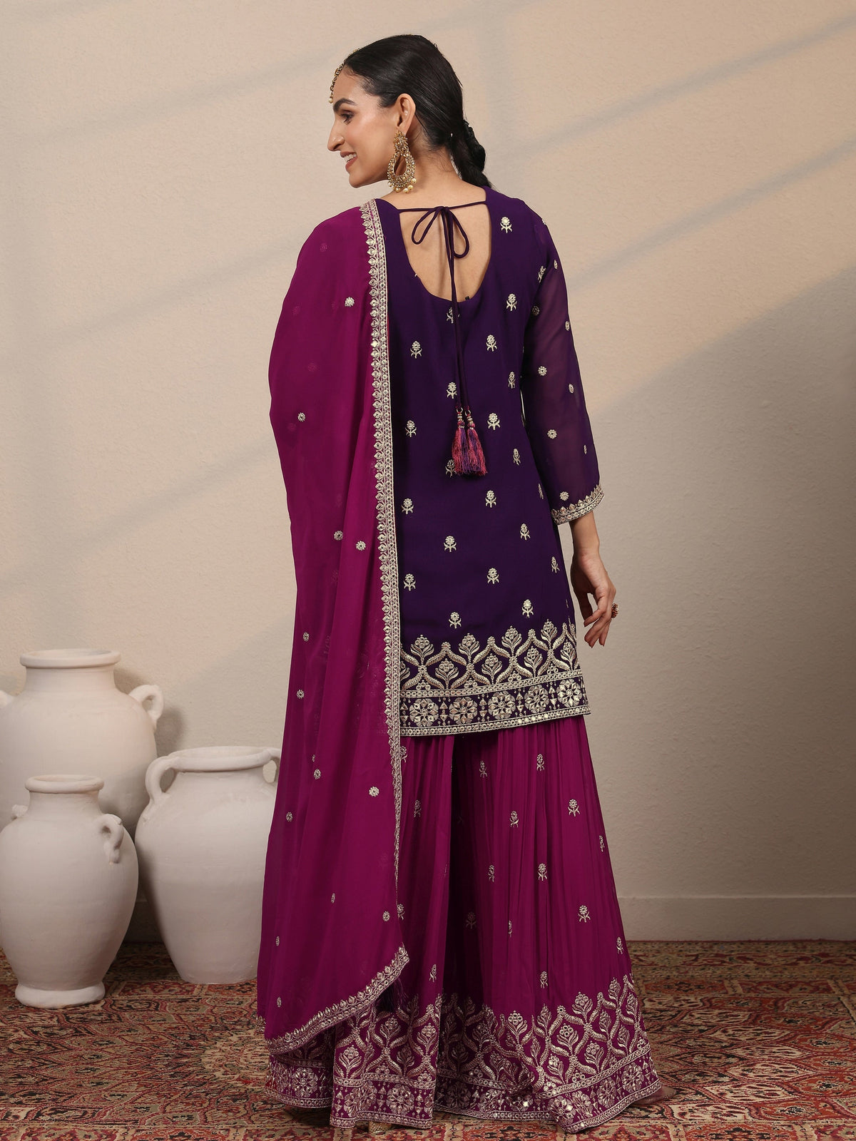 Anouk Art Purple Embroidered Georgette Straight Suit Set With Dupatta
