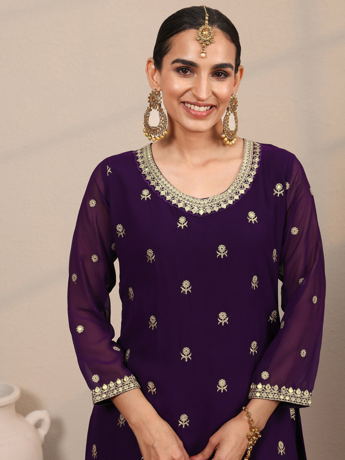 Anouk Art Purple Embroidered Georgette Straight Suit Set With Dupatta