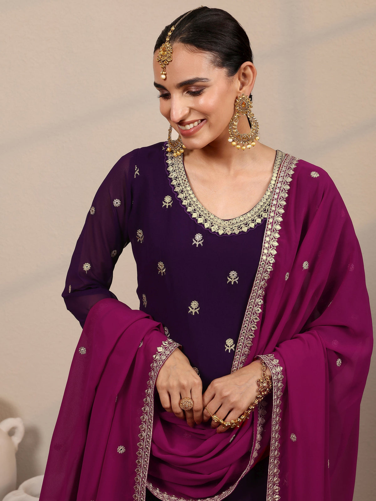 Anouk Art Purple Embroidered Georgette Straight Suit Set With Dupatta