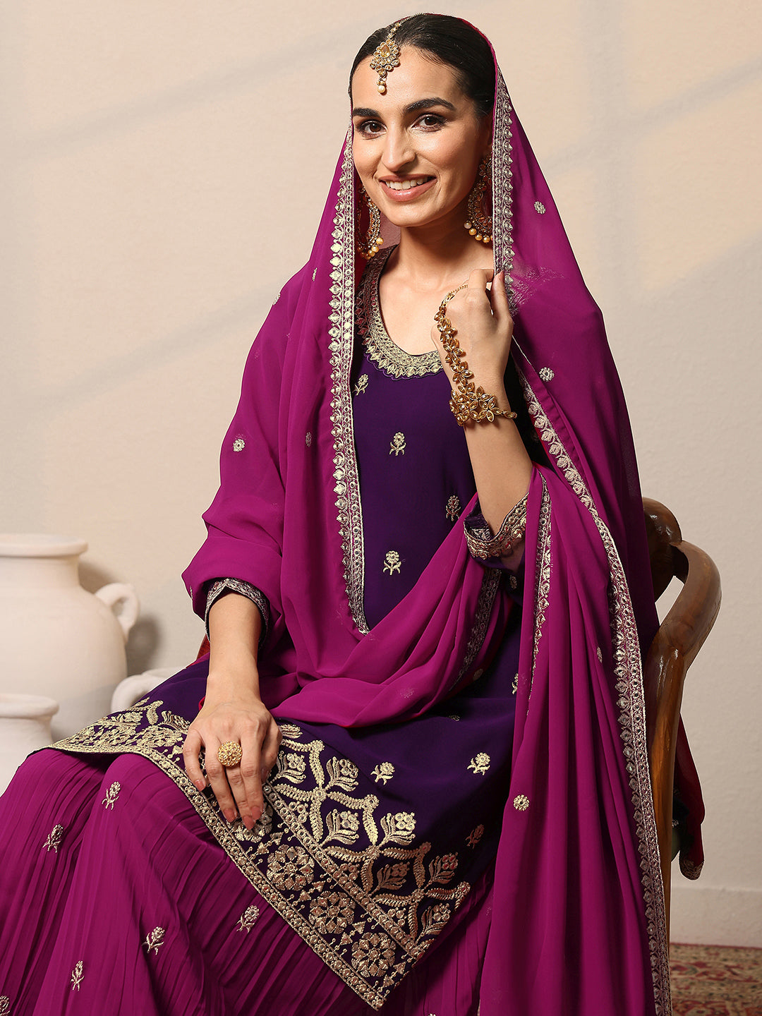 Anouk Art Purple Embroidered Georgette Straight Suit Set With Dupatta
