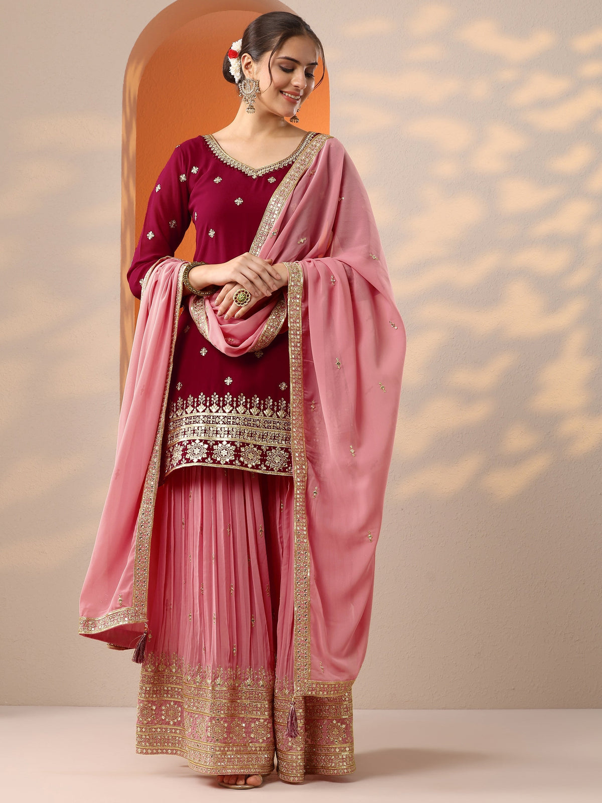 Anouk Art Pink Woven Design Georgette Straight Suit Set With Dupatta