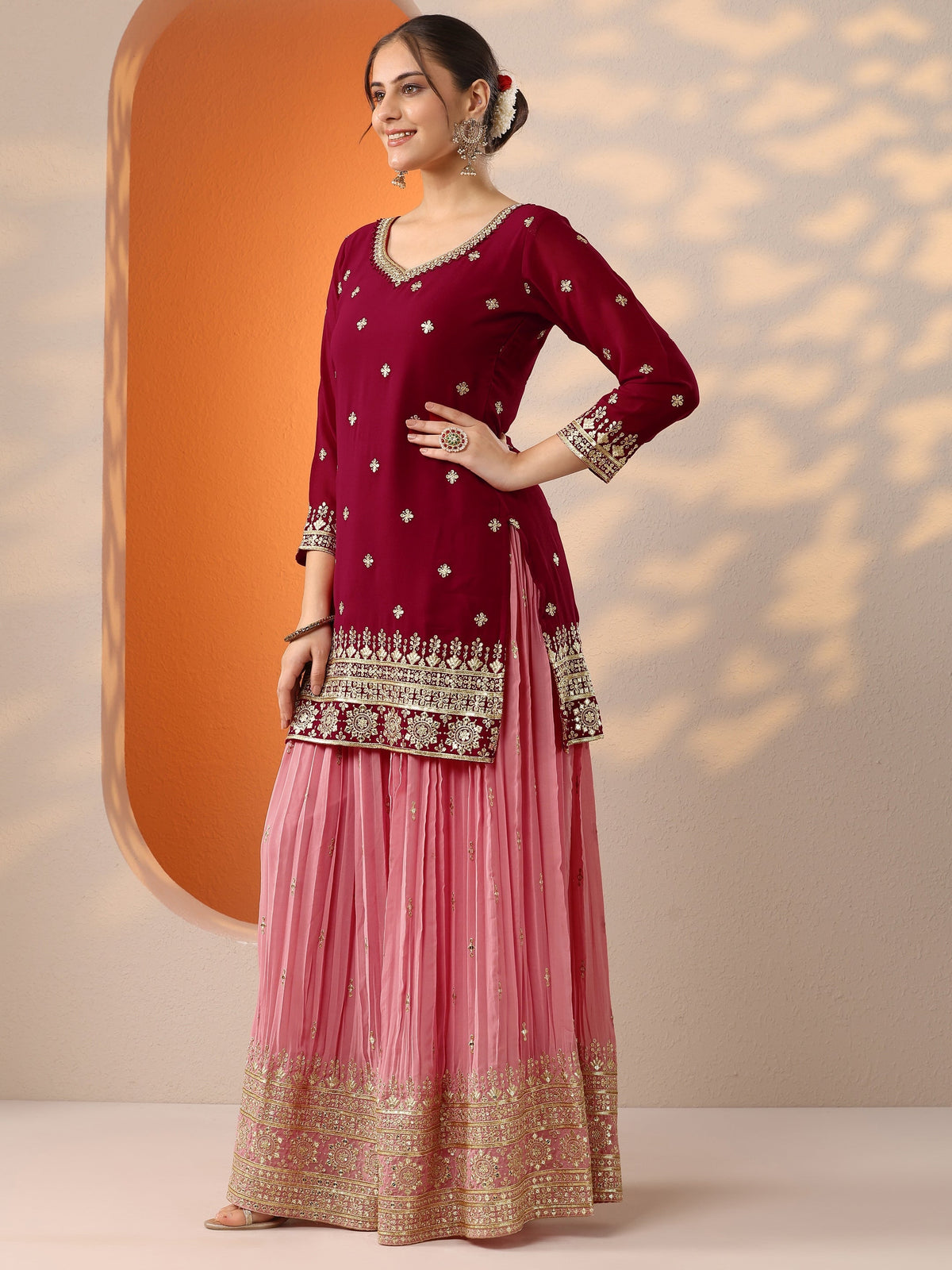 Anouk Art Pink Woven Design Georgette Straight Suit Set With Dupatta