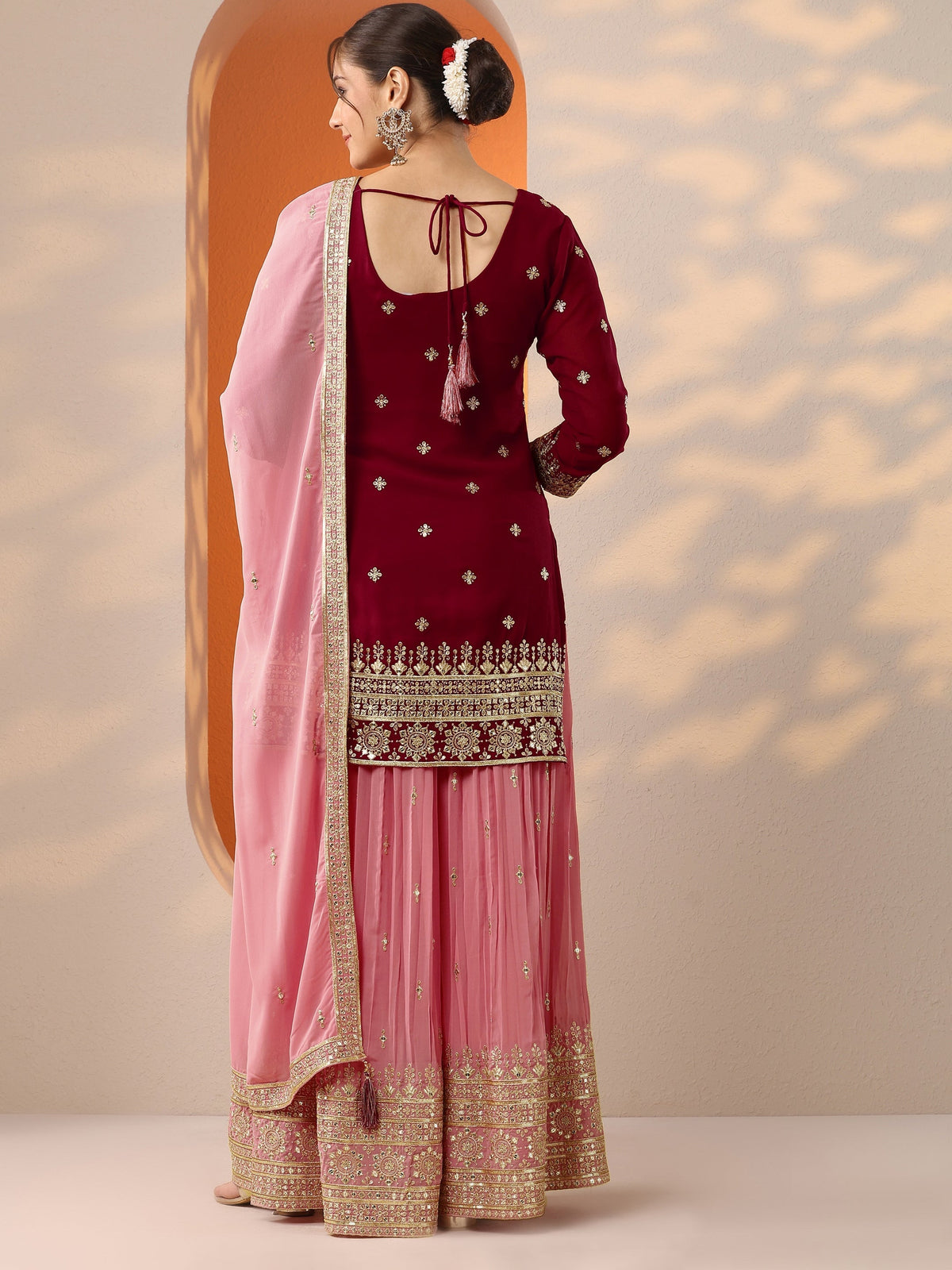 Anouk Art Pink Woven Design Georgette Straight Suit Set With Dupatta