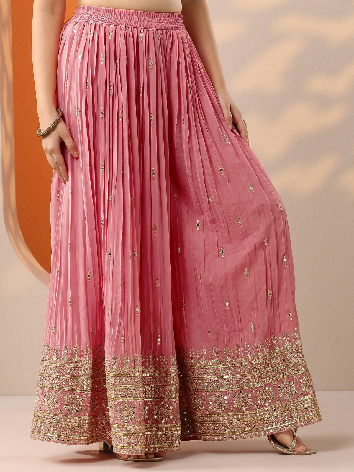 Anouk Art Pink Woven Design Georgette Straight Suit Set With Dupatta