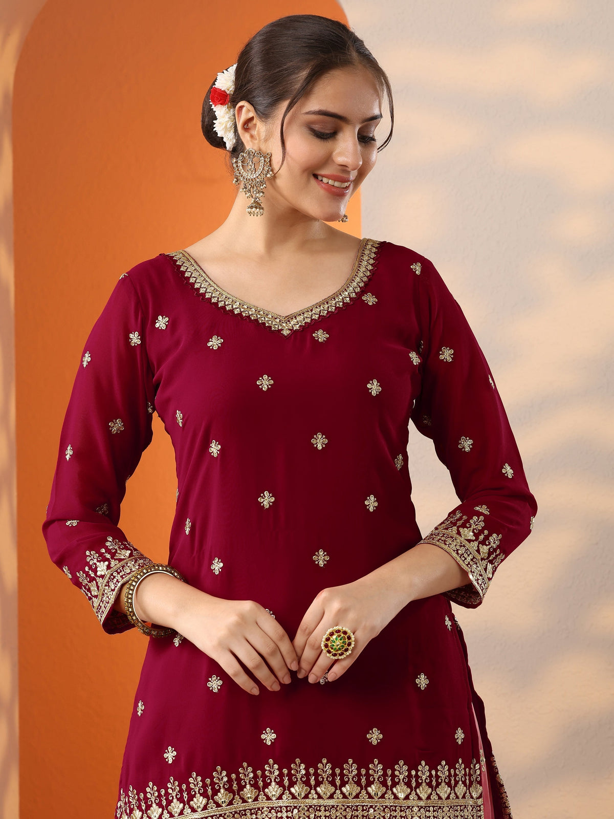 Anouk Art Pink Woven Design Georgette Straight Suit Set With Dupatta