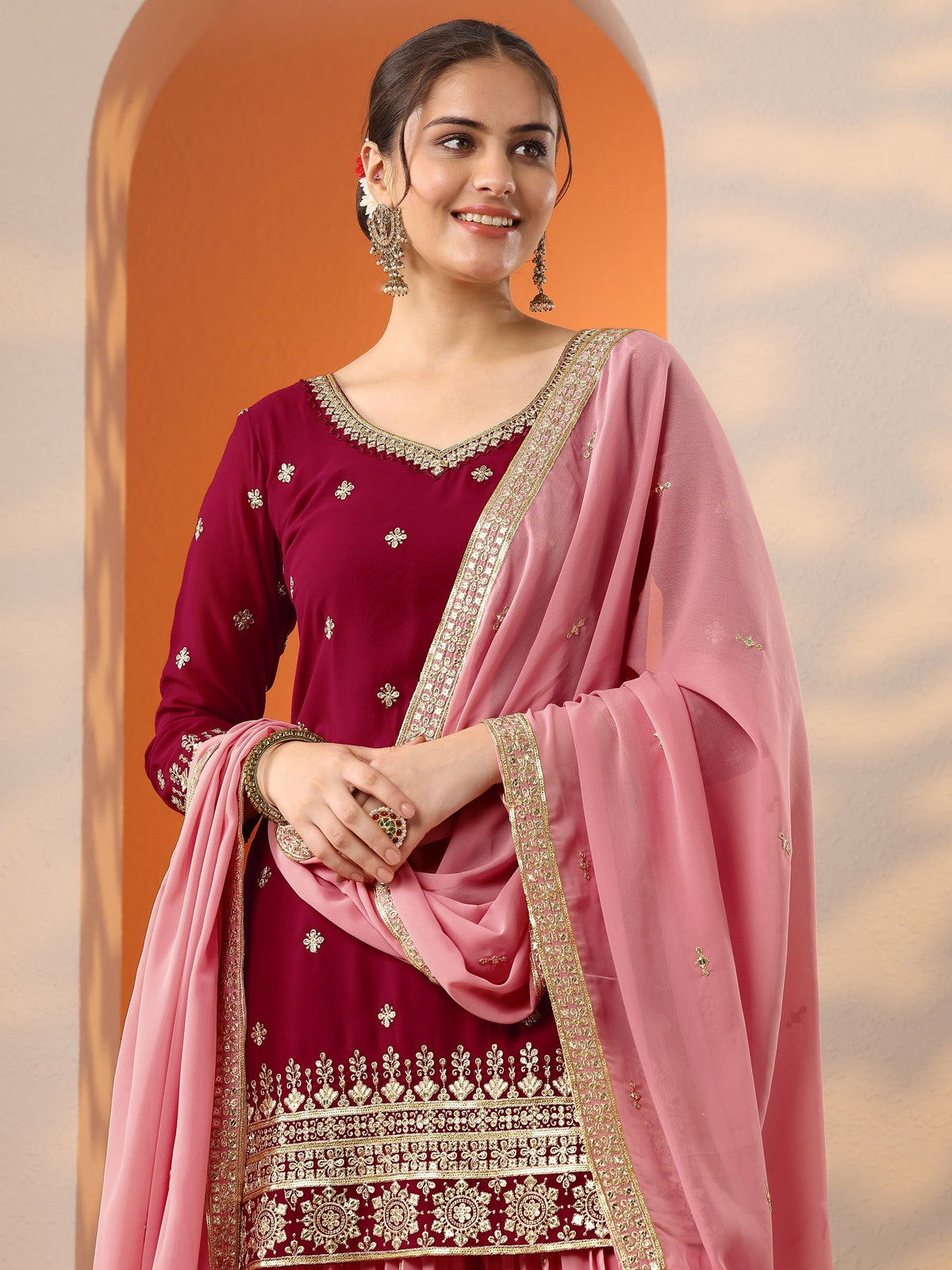 Anouk Art Pink Woven Design Georgette Straight Suit Set With Dupatta