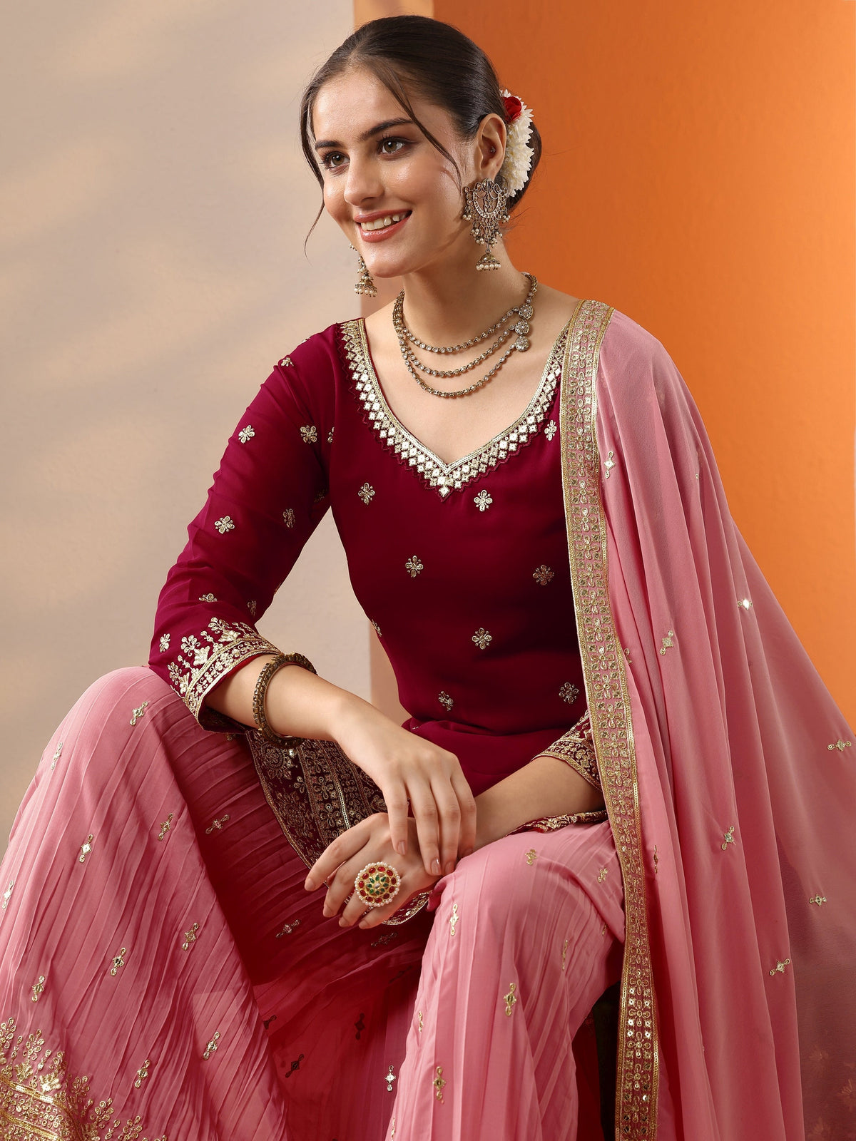 Anouk Art Pink Woven Design Georgette Straight Suit Set With Dupatta