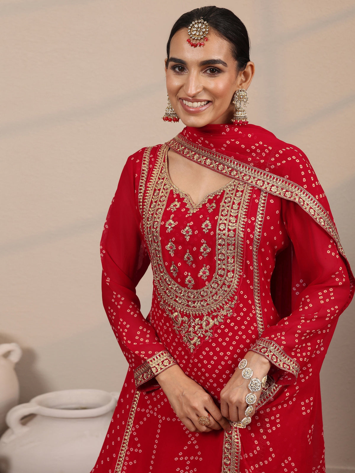 Anouk Art Red Printed Georgette Straight Suit Set With Dupatta