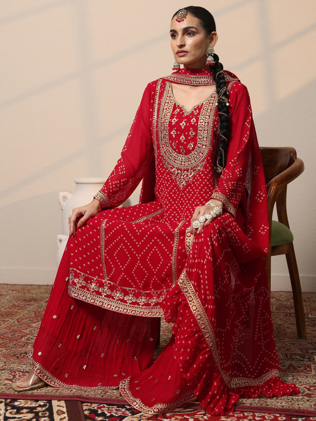 Anouk Art Red Printed Georgette Straight Suit Set With Dupatta