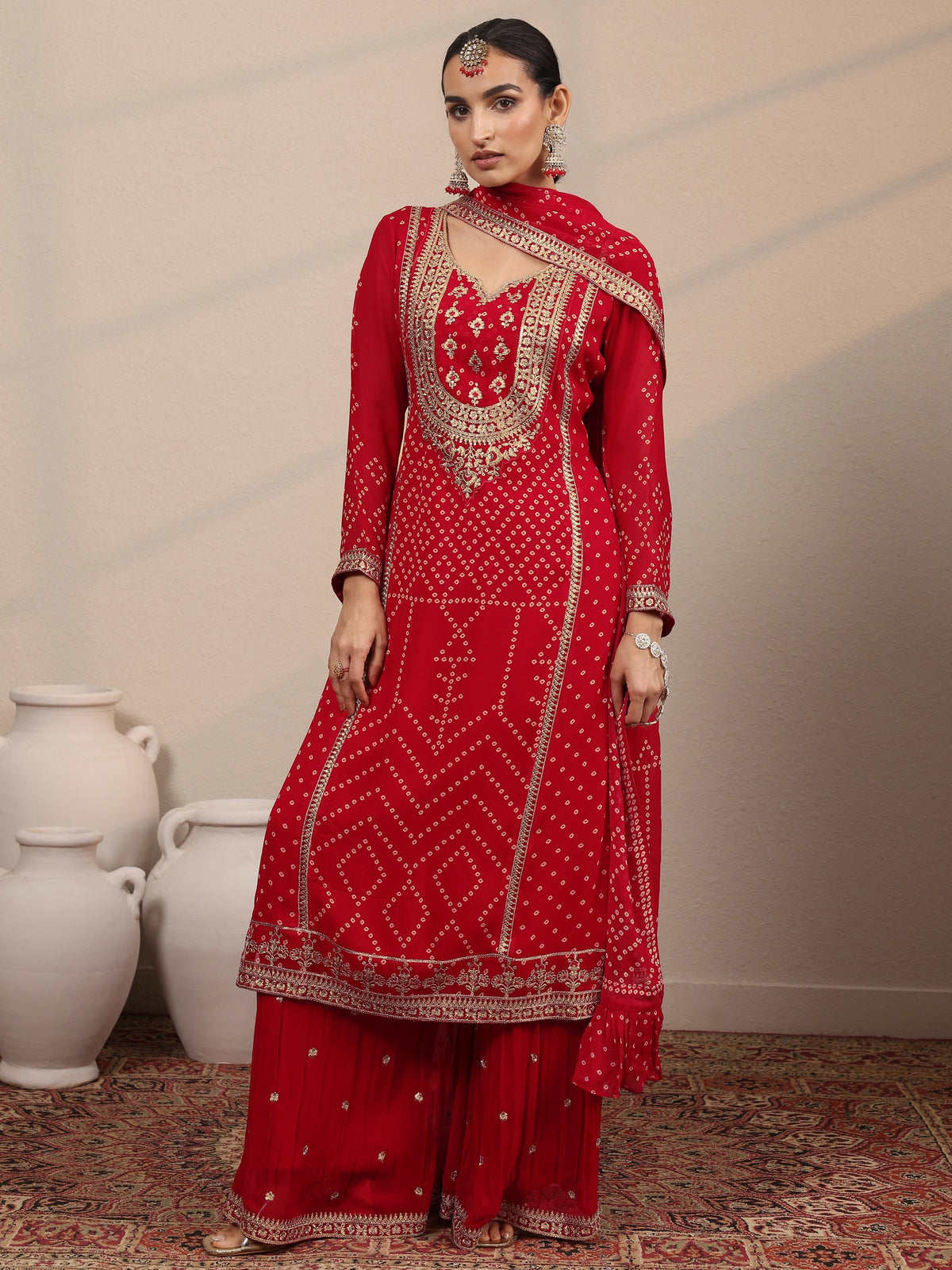 Anouk Art Red Printed Georgette Straight Suit Set With Dupatta