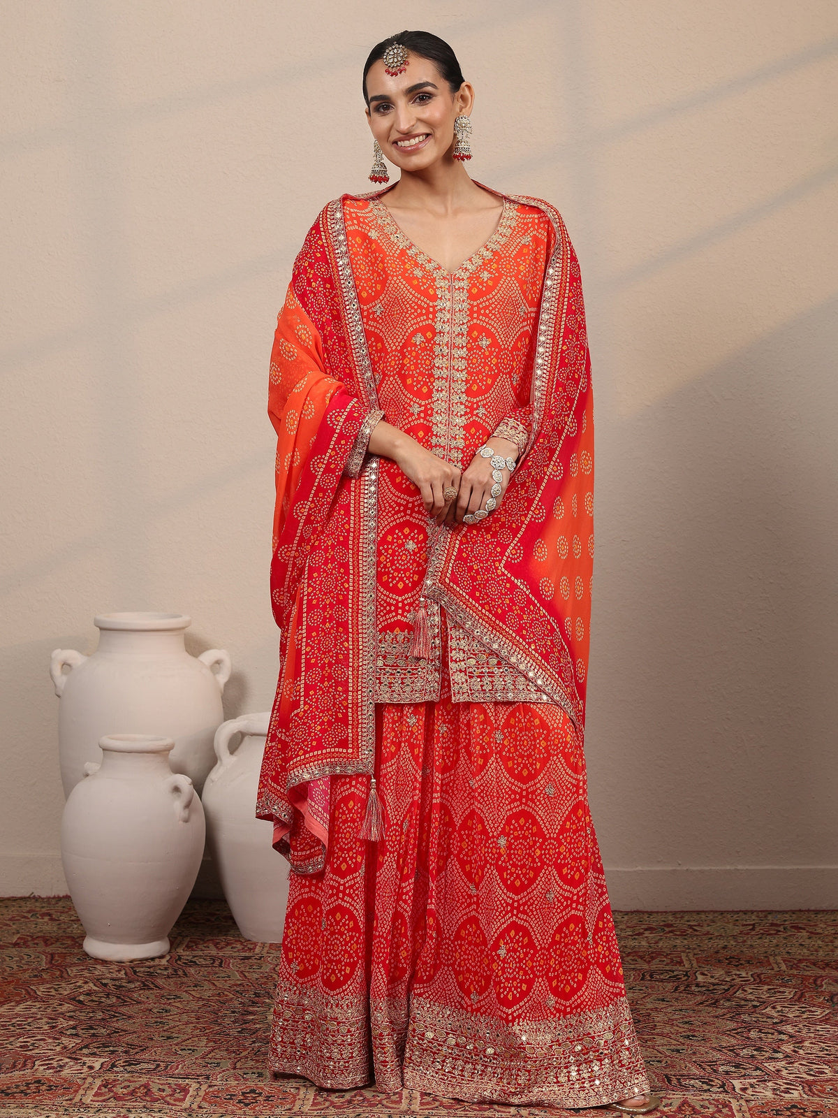 Anouk Art Orange Printed Georgette Straight Suit Set With Dupatta