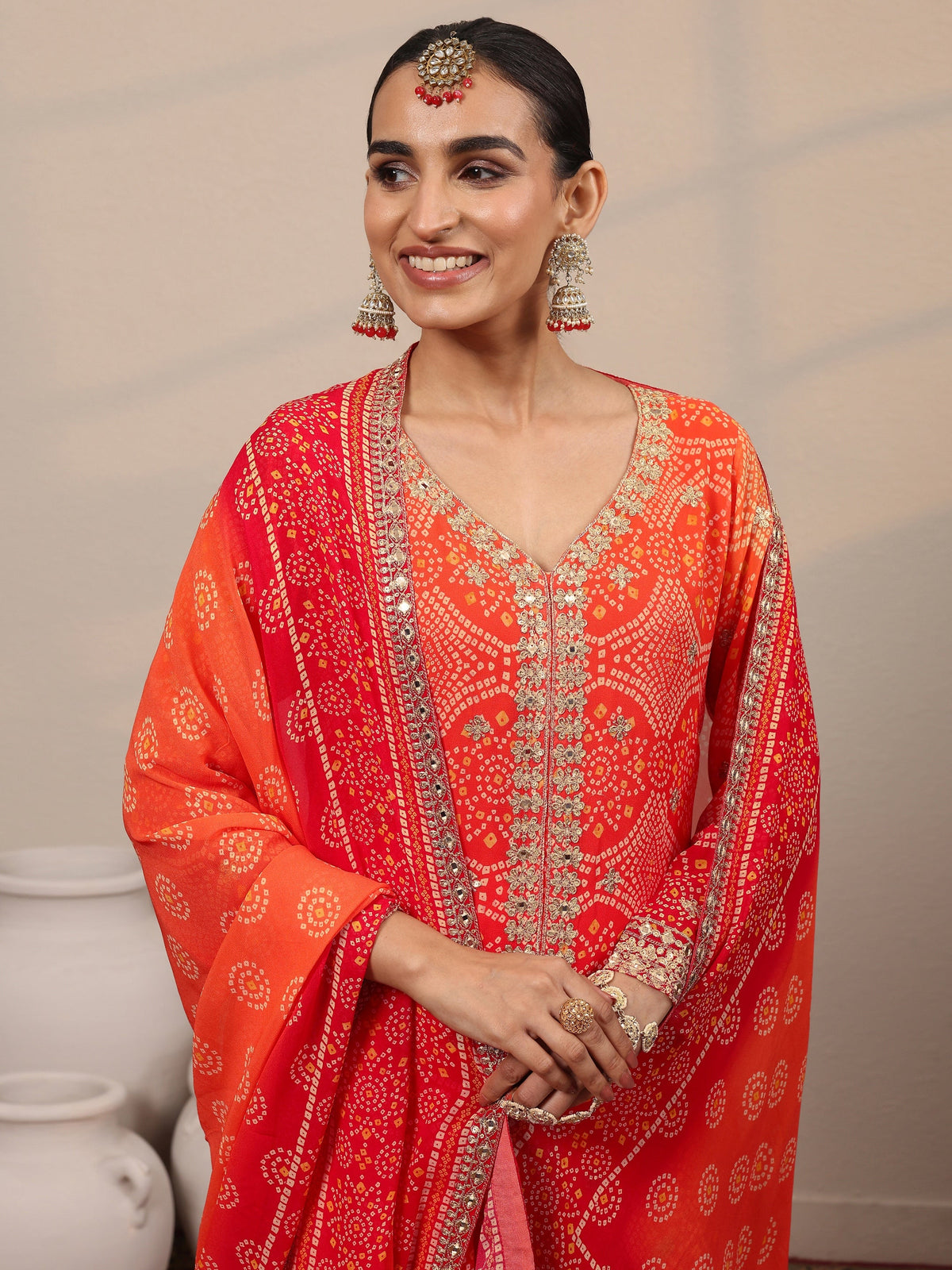 Anouk Art Orange Printed Georgette Straight Suit Set With Dupatta
