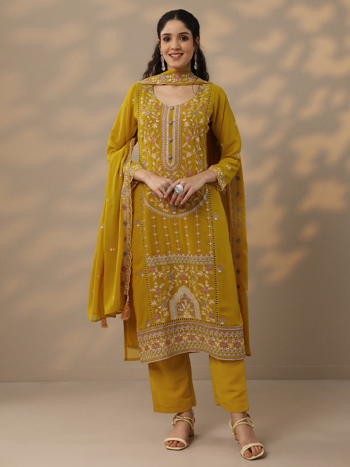 Anouk Mustard Embroidered Georgette Straight Suit Set With Dupatta